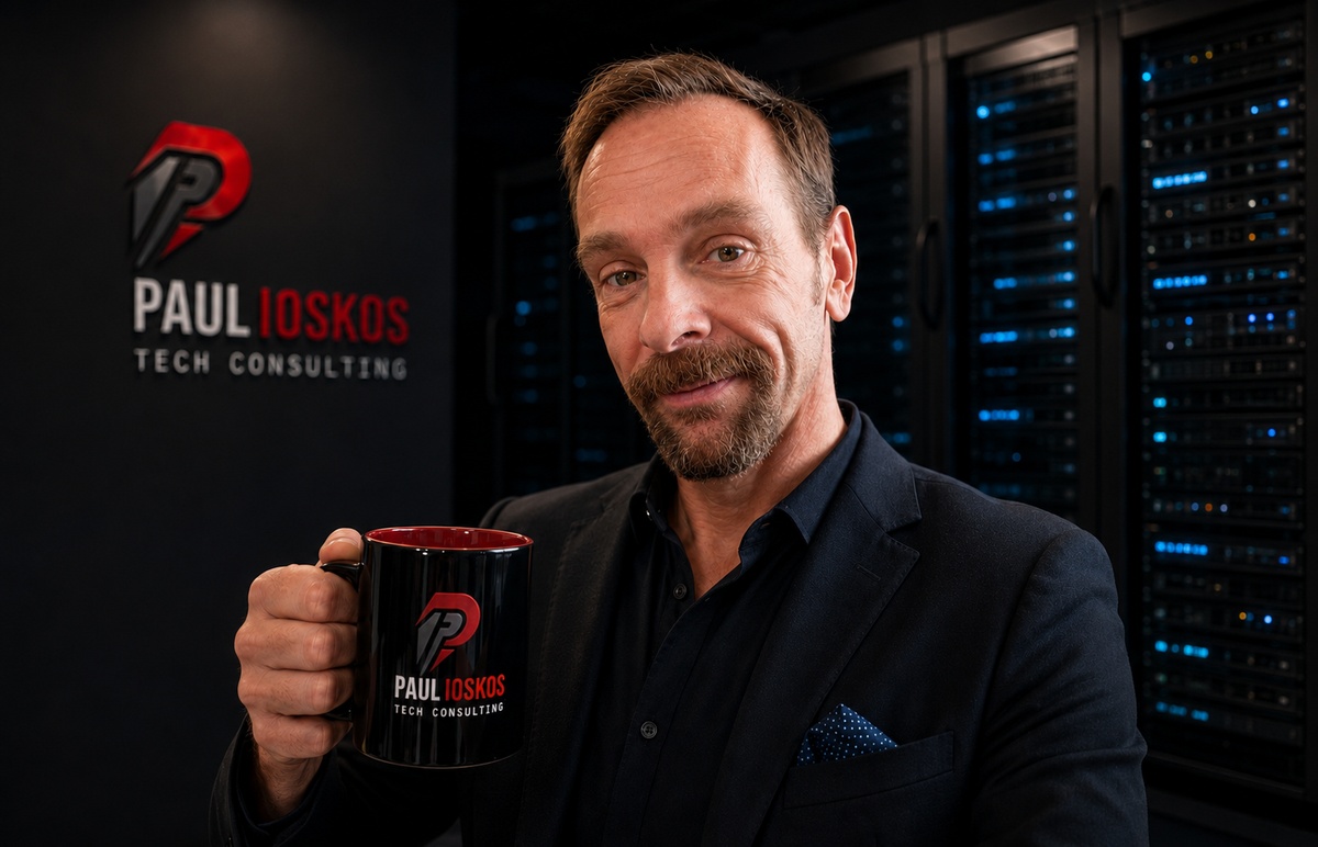 Paul holding coffee in a technical operations environment